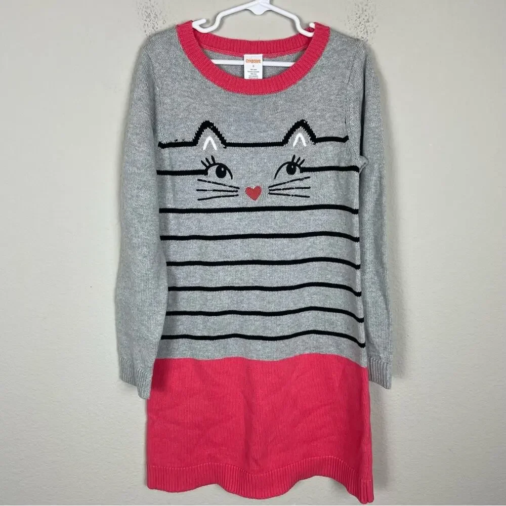 Gymboree Gray Coral Cat Embroidered Sweater Dress NWT 8